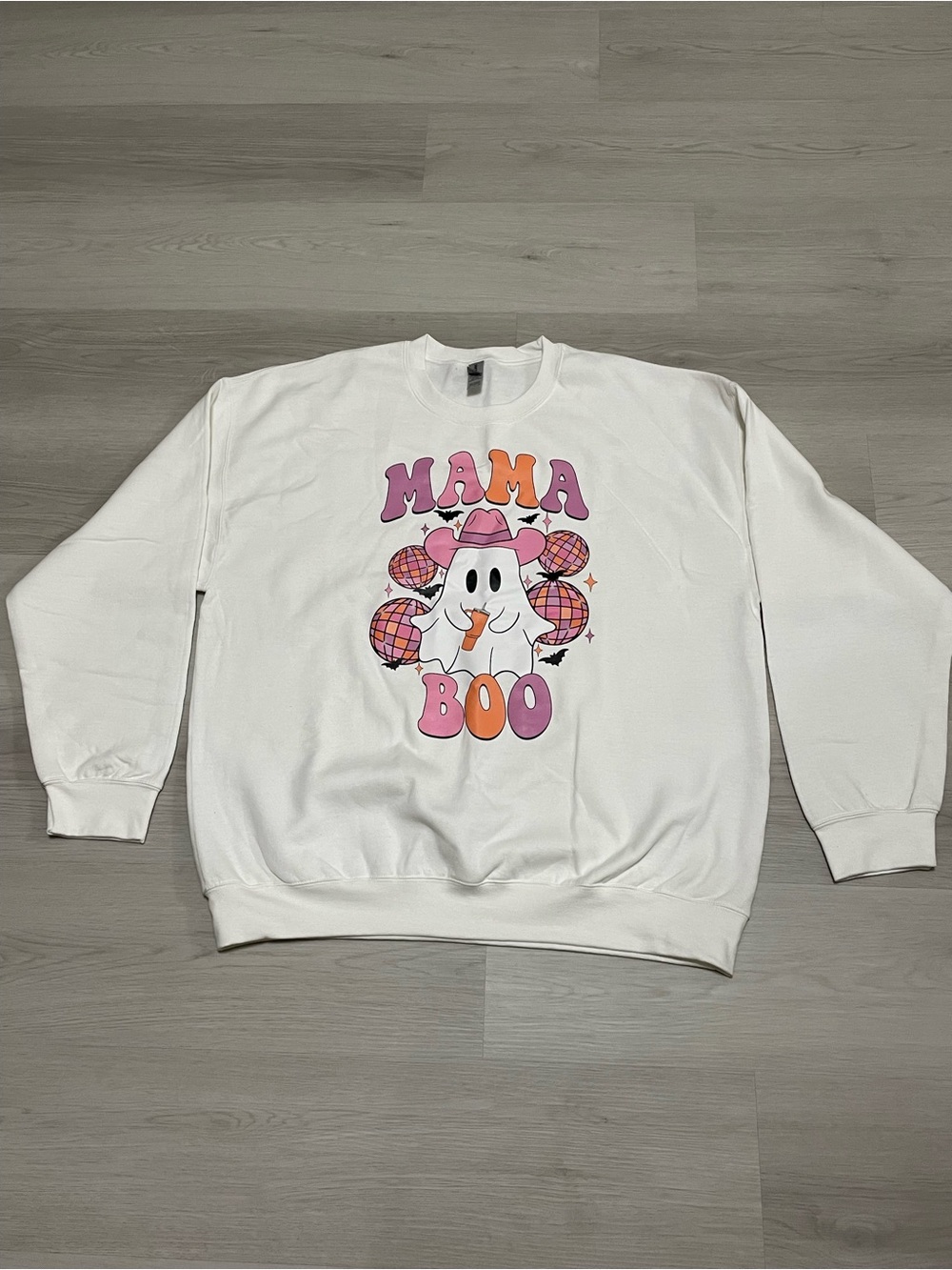 Gildan White 'Mama Boo' Graphic Crewneck Sweatshirt with Pink and Orange Accents